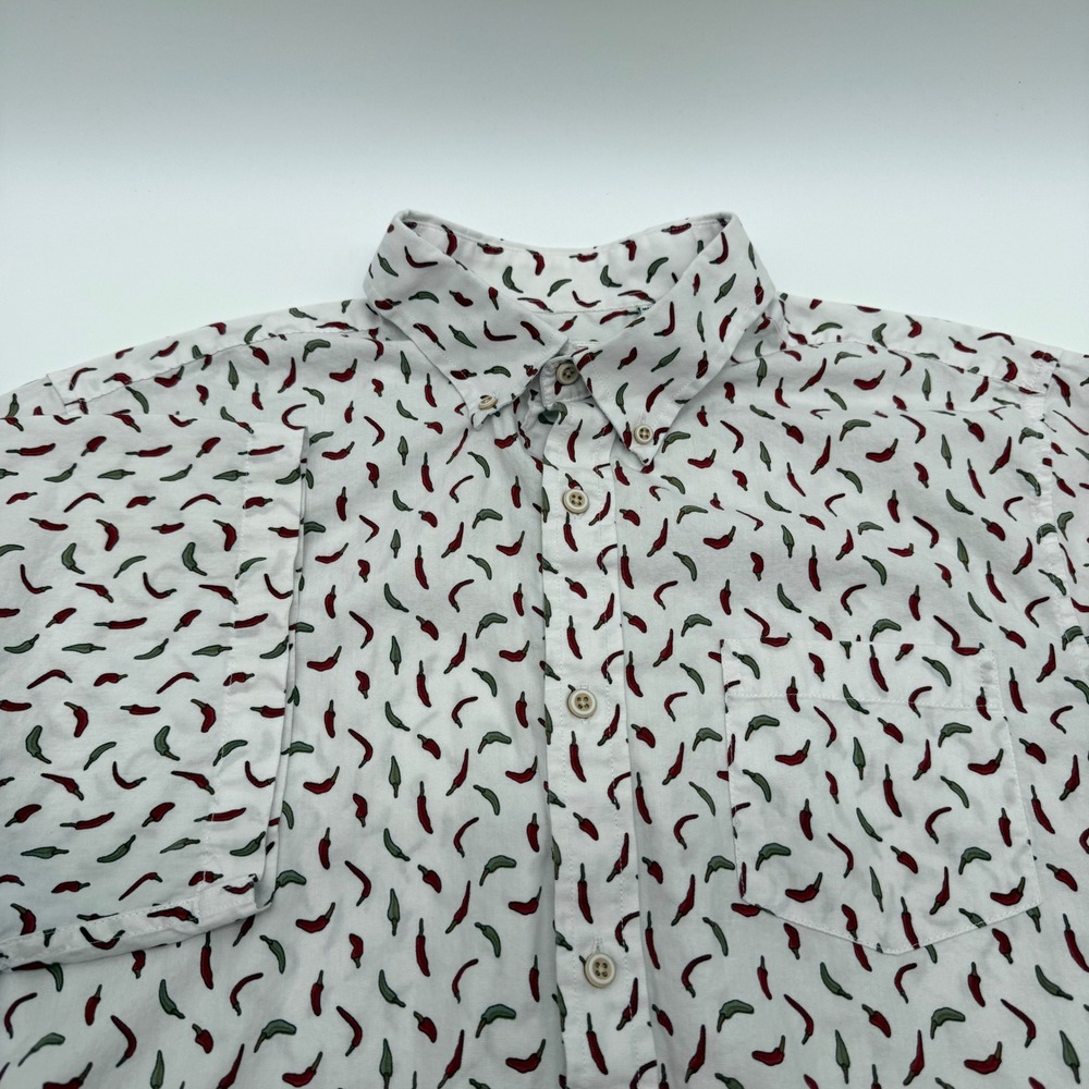 ROWM Mens Large White Chili Pepper Print Short Sleeve Button Down Cotton Shirt